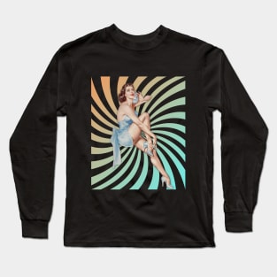 Retro Swirl Background Pin-up Girl with Phone Illustration Art Long Sleeve T-Shirt